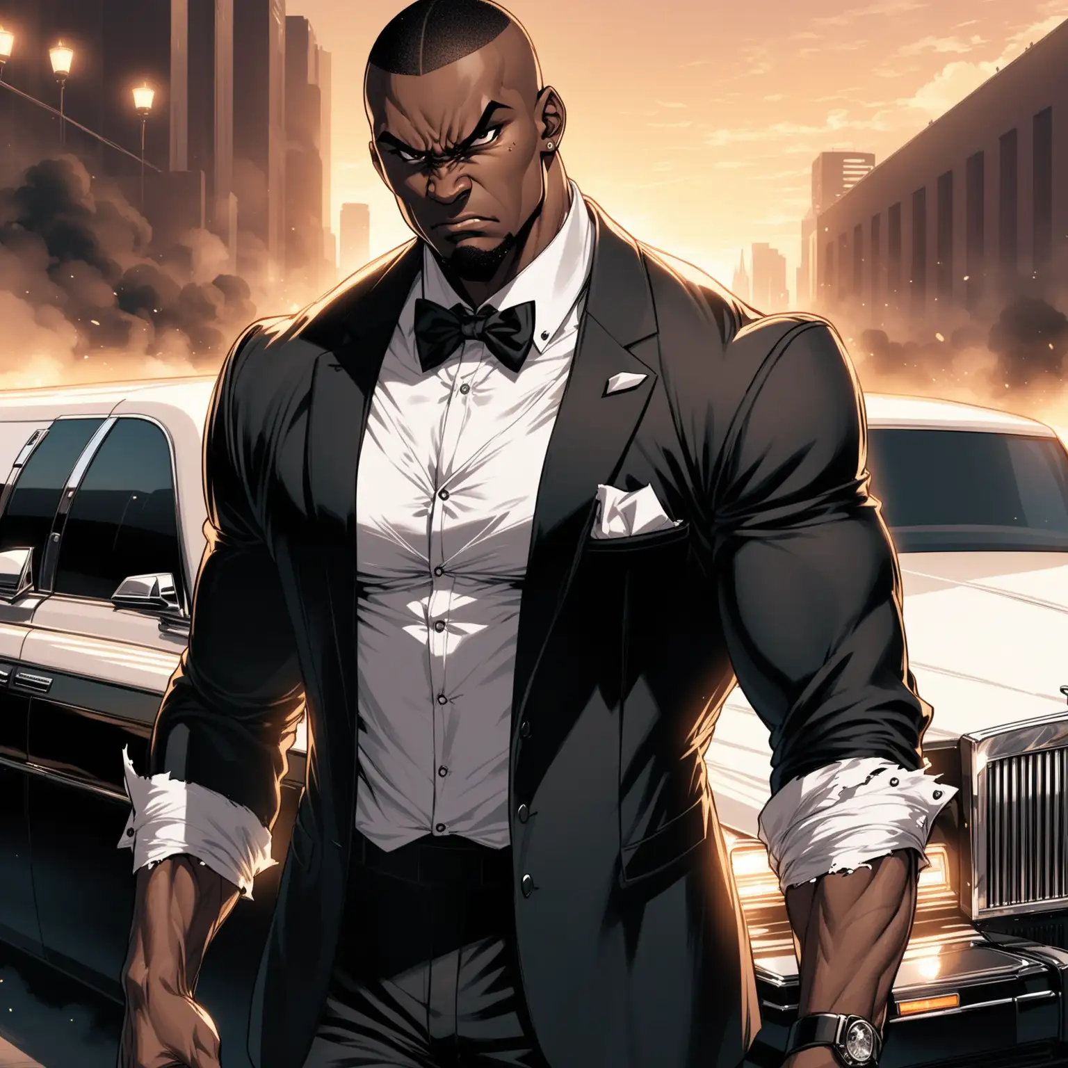 Black Male Limo Driver with a black blazer and white button up shirt with a bowtie and with ripped sleeves he has a lean physique and anger in his eyes looks like he is ready to take on whatever stands in his way  