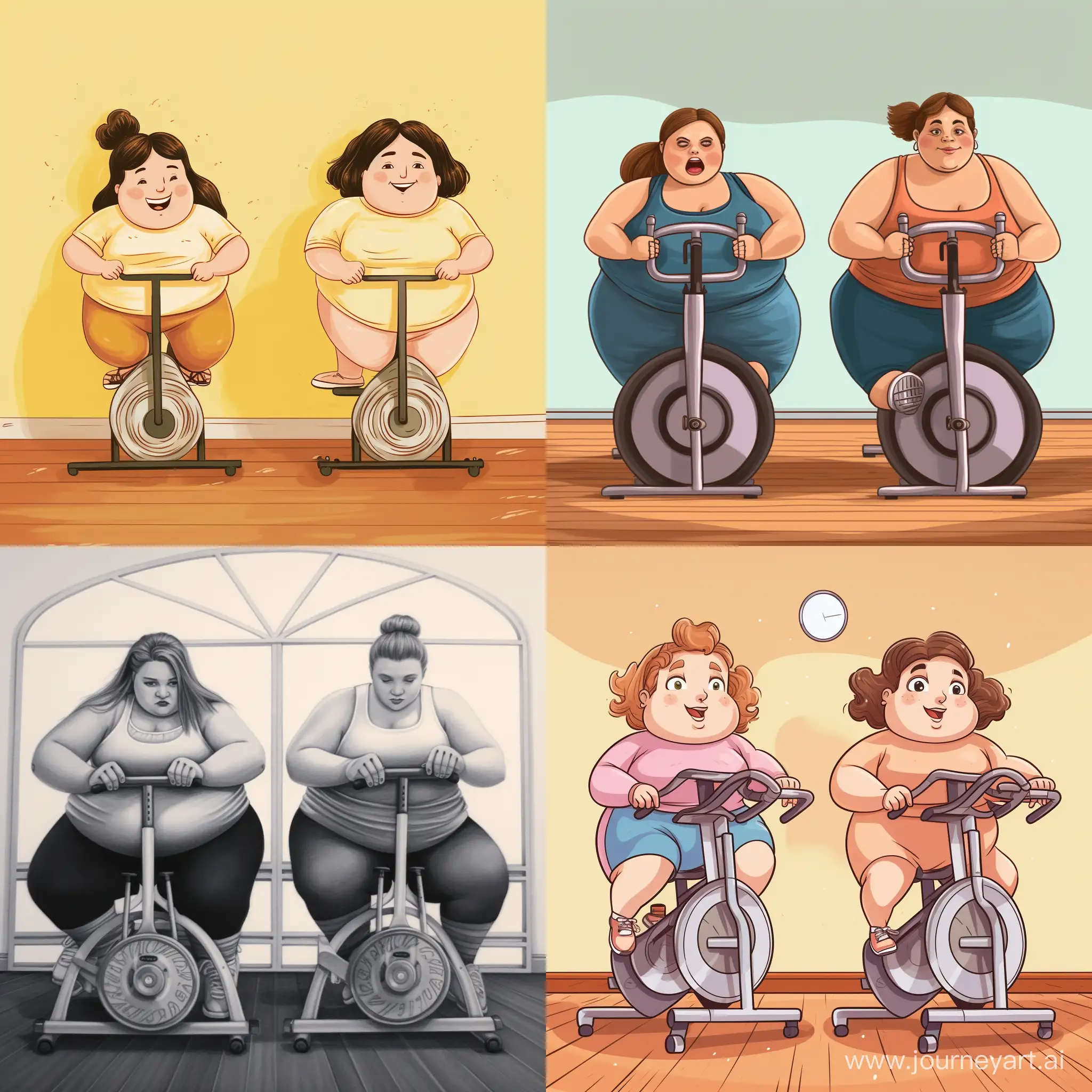 draw two identical fat girls side by side.the first girl dreams of losing weight, the second girl is engaged in an exercise bike