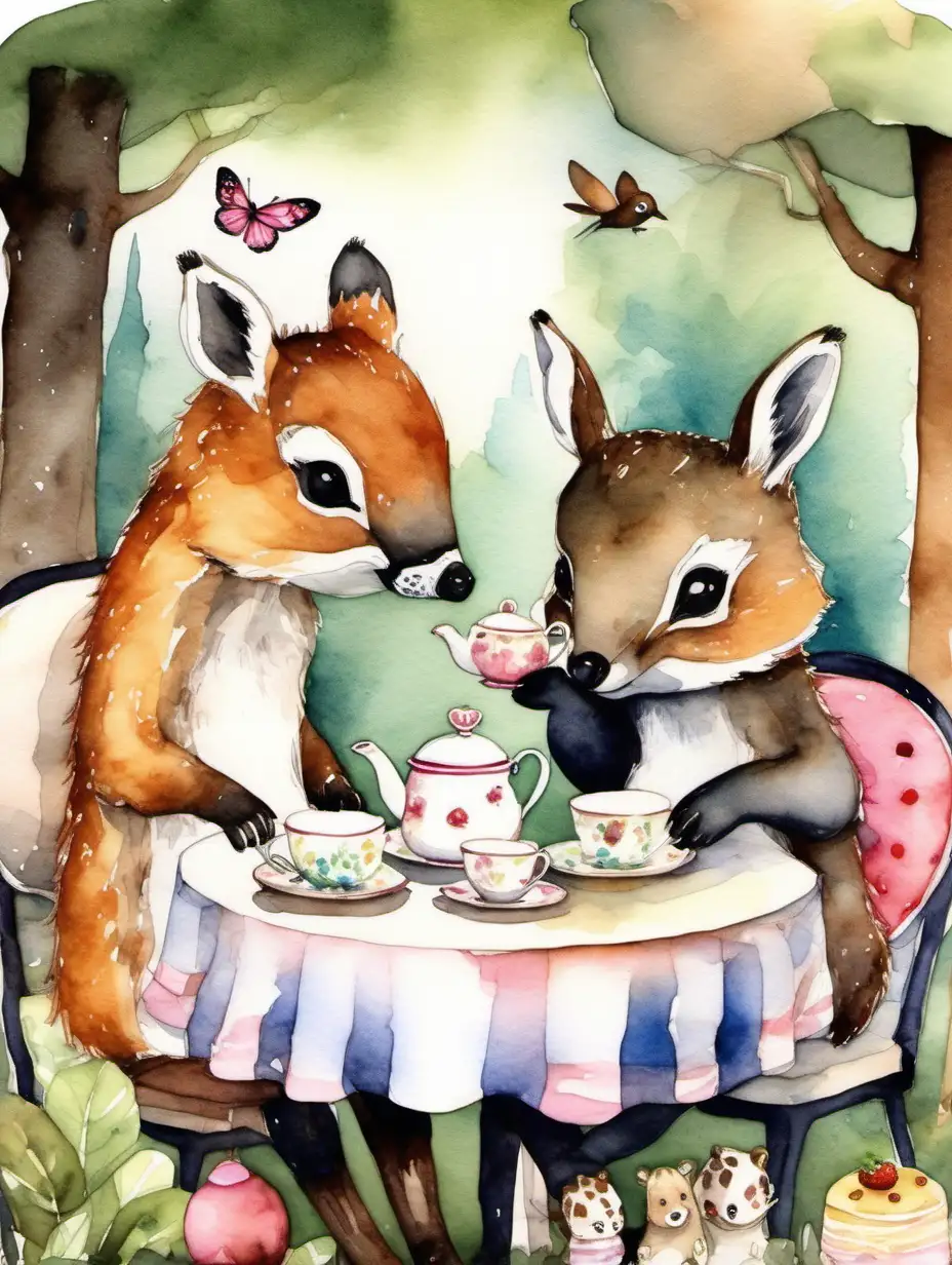 Adorable forest animals having a tea party, watercolor