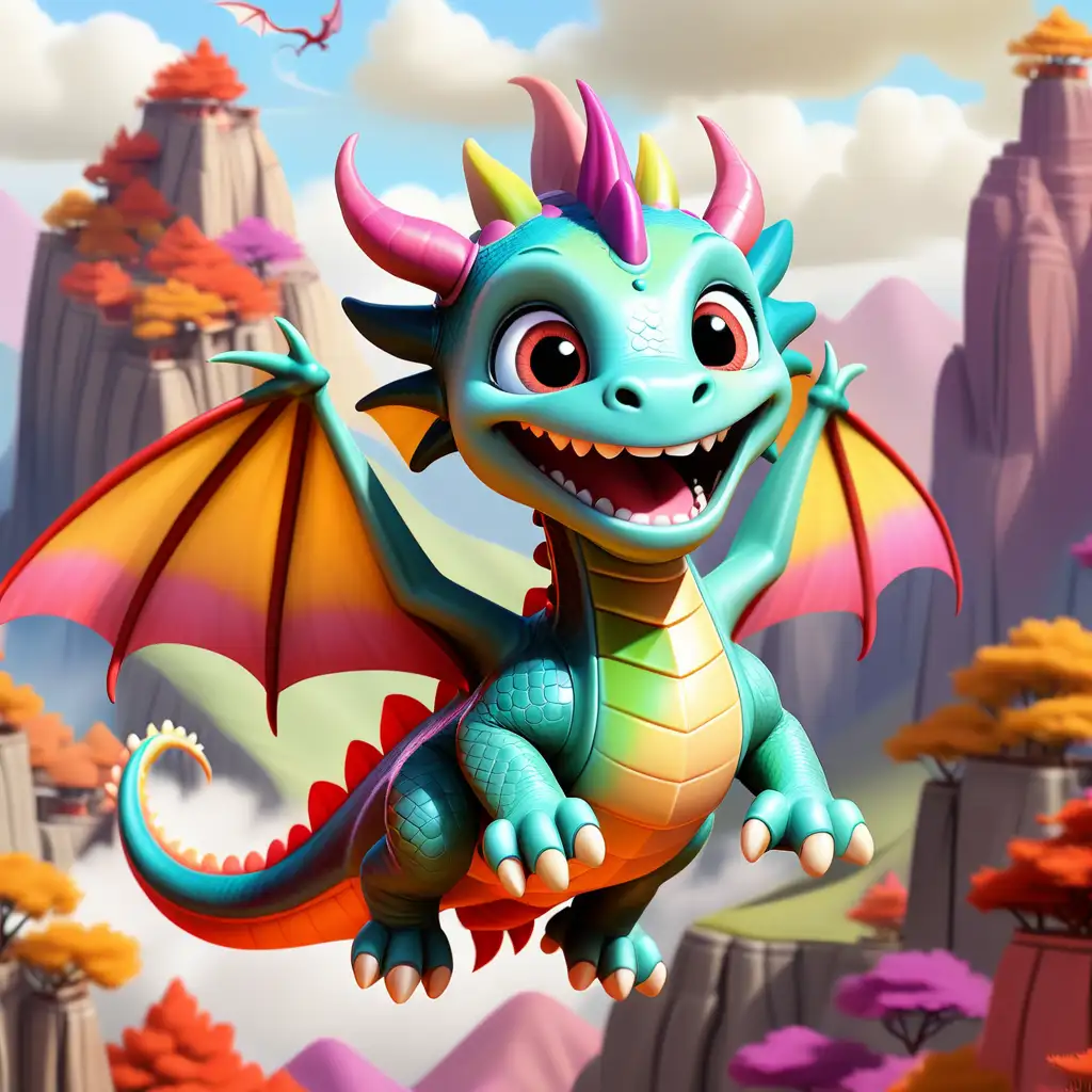 Show Dara the young colorful cute baby dragon flying high above the colorful valley, with a confident smile, leading a group of dragons, symbolizing her newfound confidence and leadership.