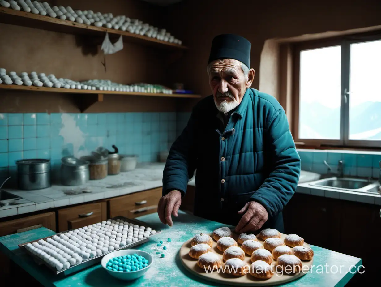 Старый дедушка татарин, стоит на кухне, готовит пироженые, вокруг него стоят горы таблеток
