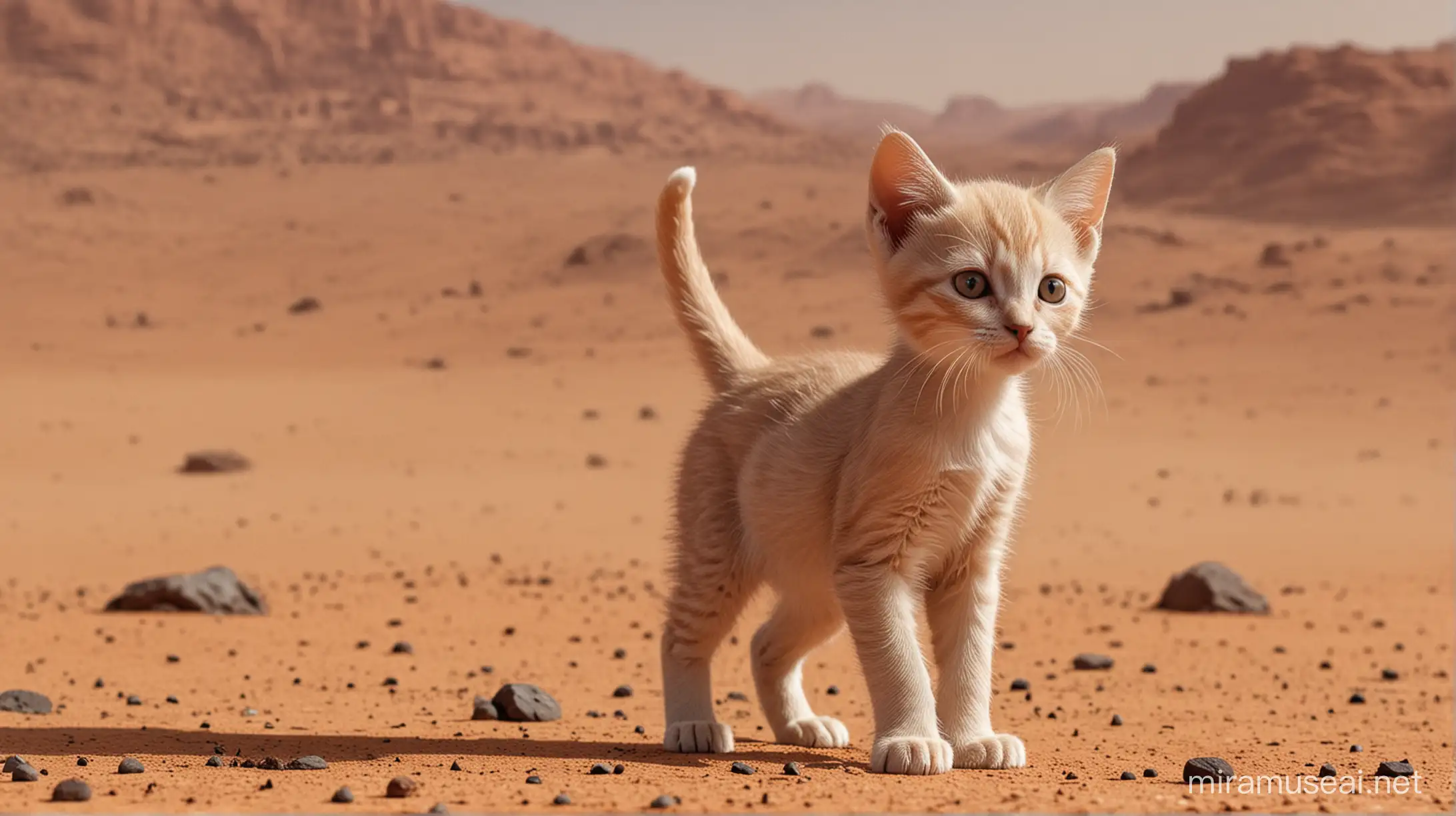 micro human/kitten hybrid stand upright like a human with human features living on mars