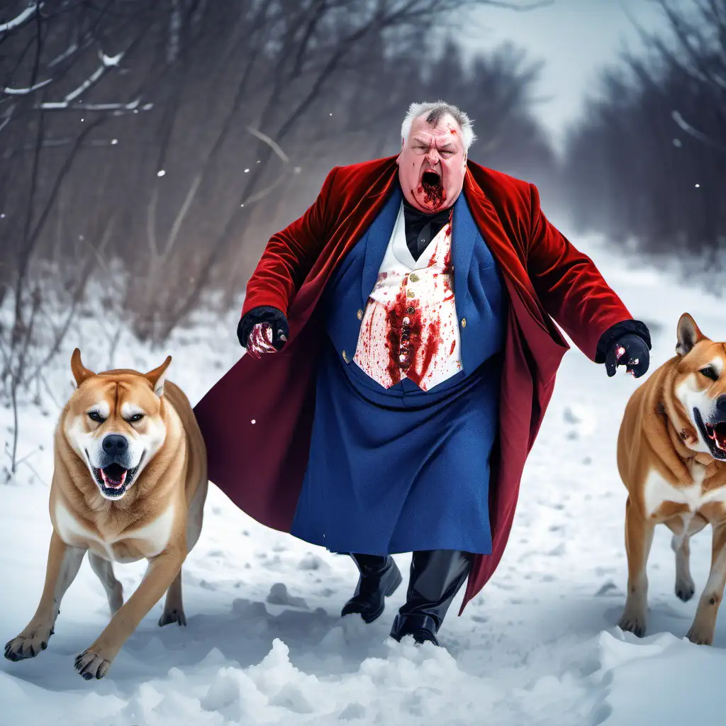 Dead old fat man in royal clothes, savage attack by vicious dogs, snow background, day time, blood