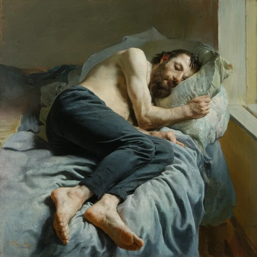 A highly detailed French impressionist oil painting, a full-length portrait of a bearded man. He has bare shoulders and bare feet, he wears only dark grey trousers, he is sleeping on a bed, his head on a pillow. The room is lit softly from a window on the right, muted colors, fine brushstrokes.