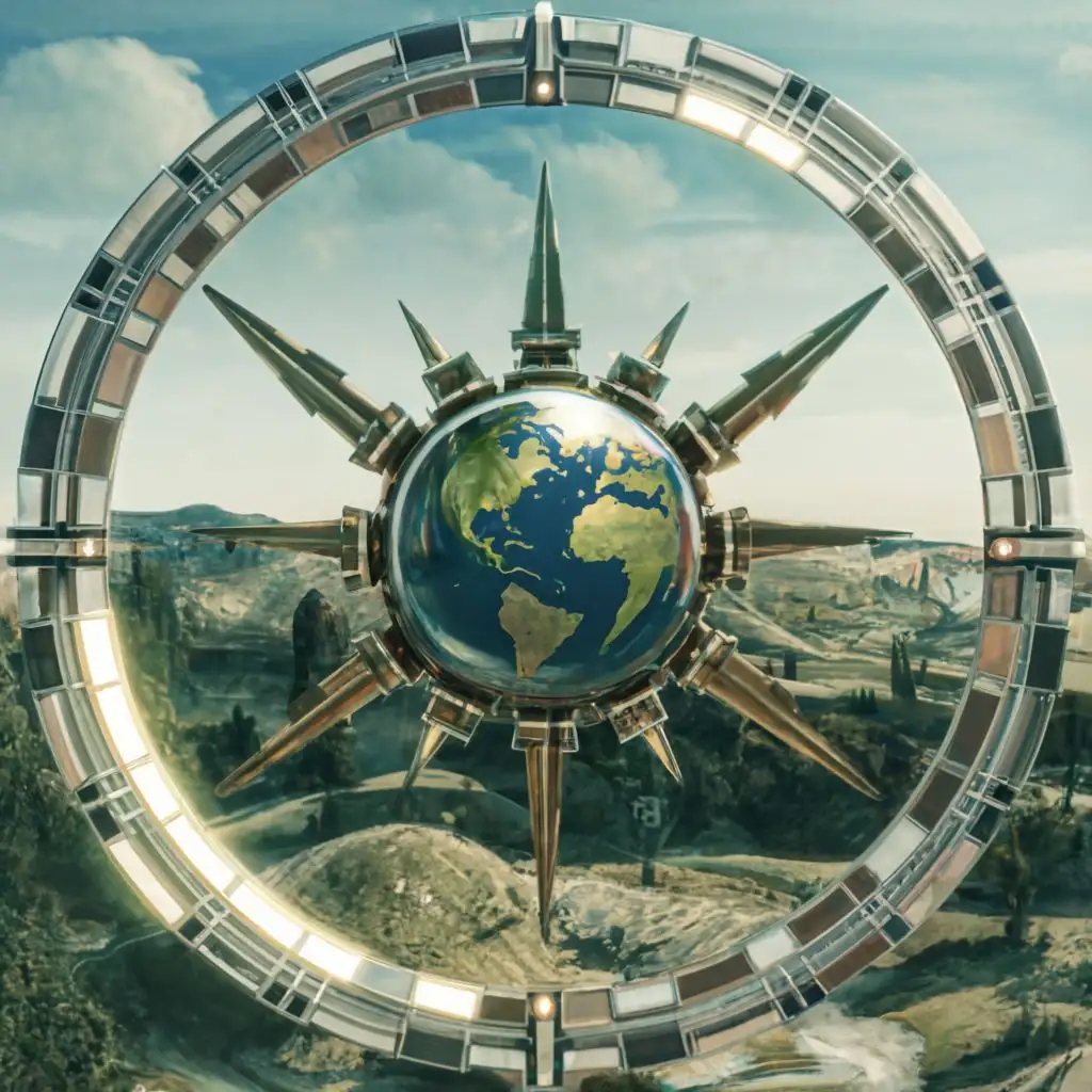 logo, a futuristic landscape as the background with a circular logo featuring eight sharp gold arrows pointing outward in 45 degree intervals starting at 0 degrees, with a glass dome at the center of the logo with earth inside, with the text 'WORLD OF HAVOC' in bold font around the outside of the logo, typography, be used in Entertainment industry
