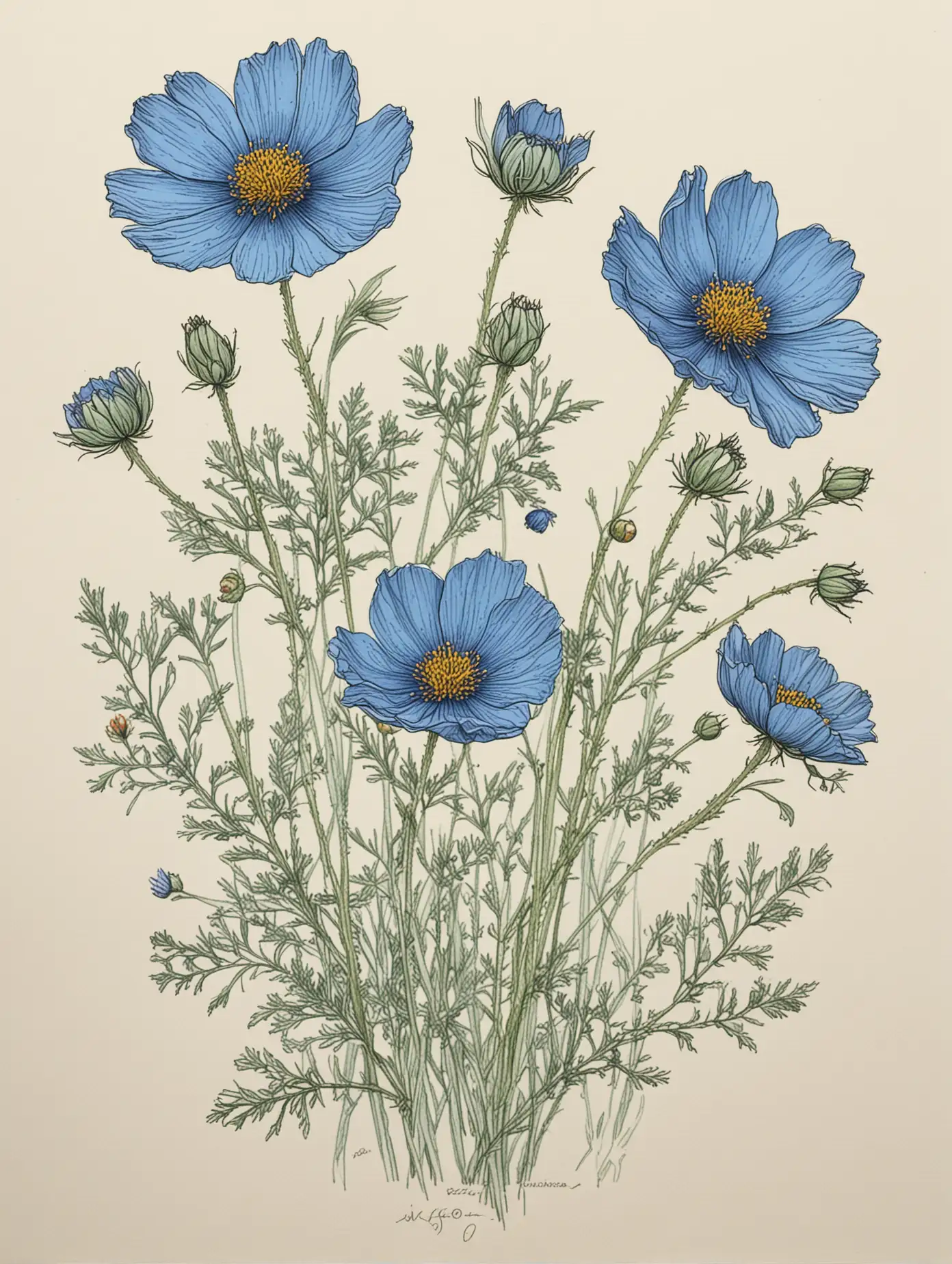 simple color line drawing of 1  blue cosmos bunch in the style of Audubon 
