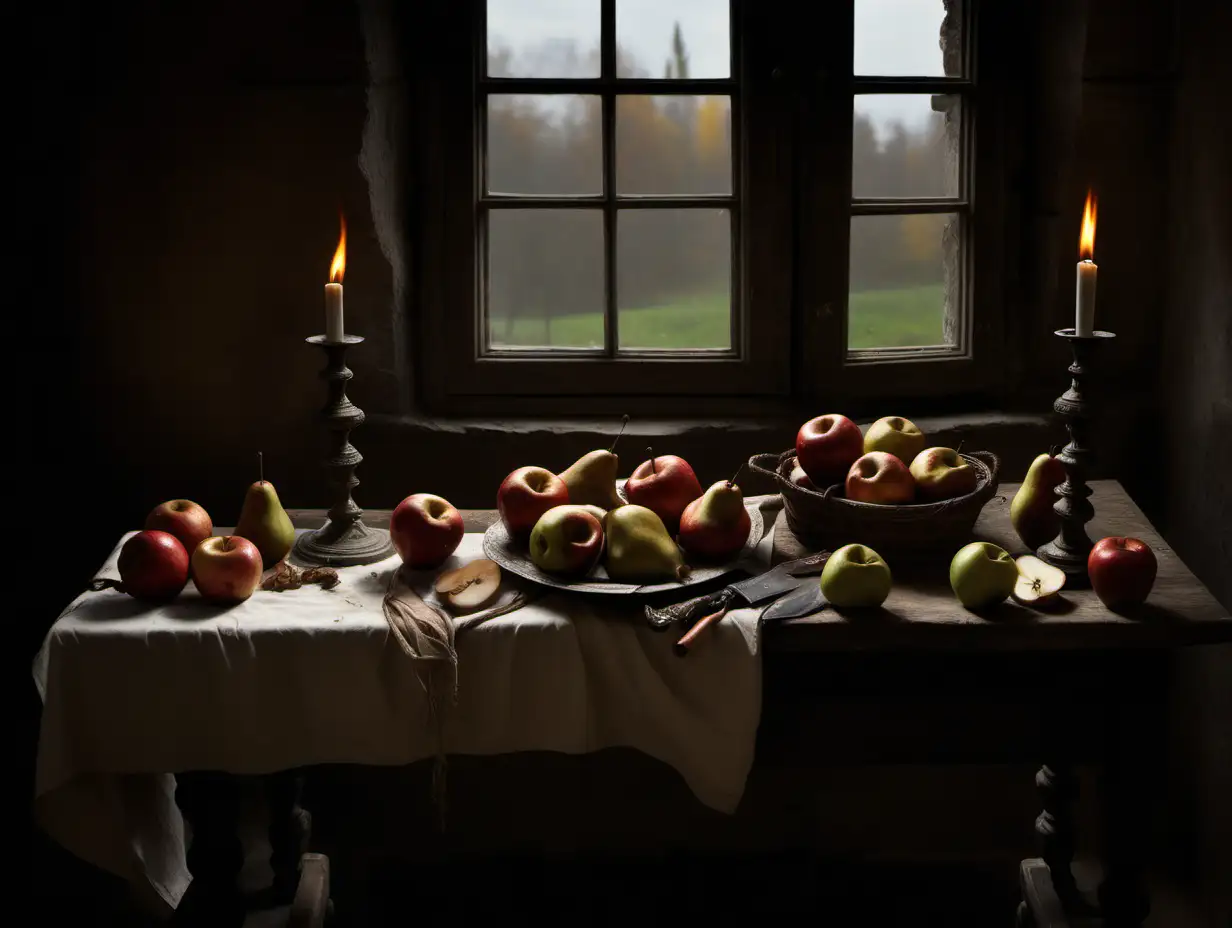 Rustic Still Life Dark Window Scene with Burning Splinter Apples and Pears on Peasants Table
