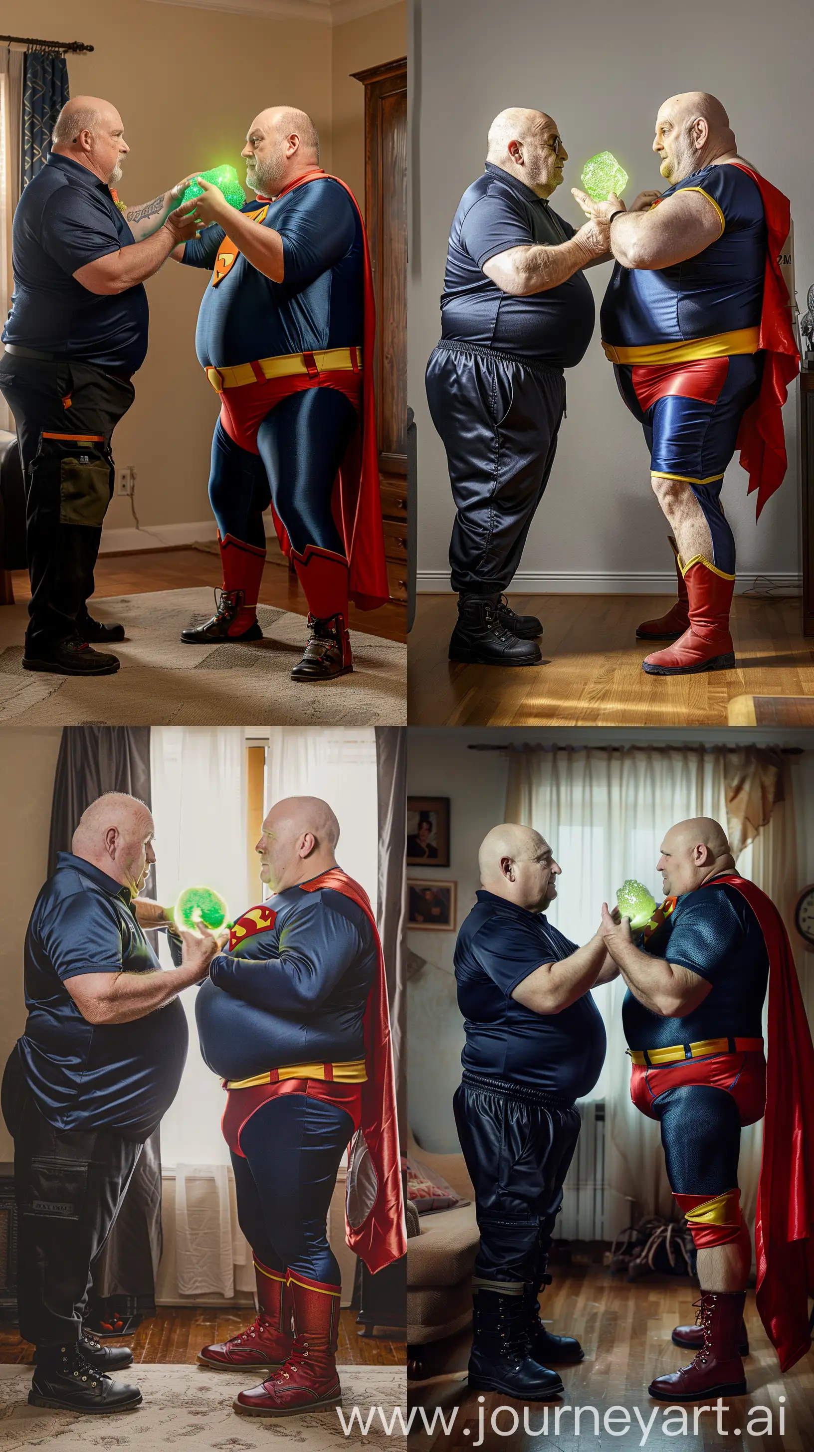 Elderly-Men-Exchanging-Glowing-Green-Rock-in-Navy-Blue-Silk-and-Superman-Costume