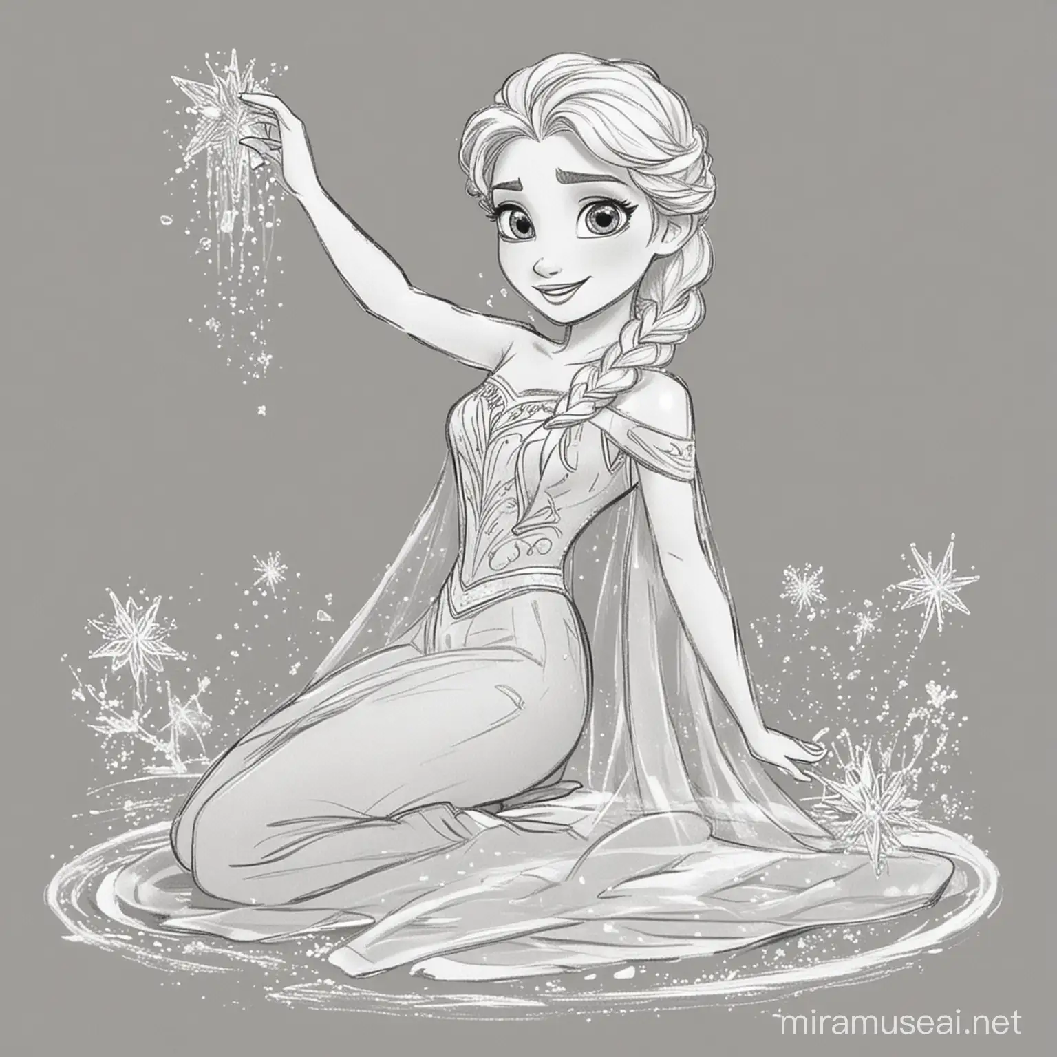 elsa playing with ice black and white colouring in picture
