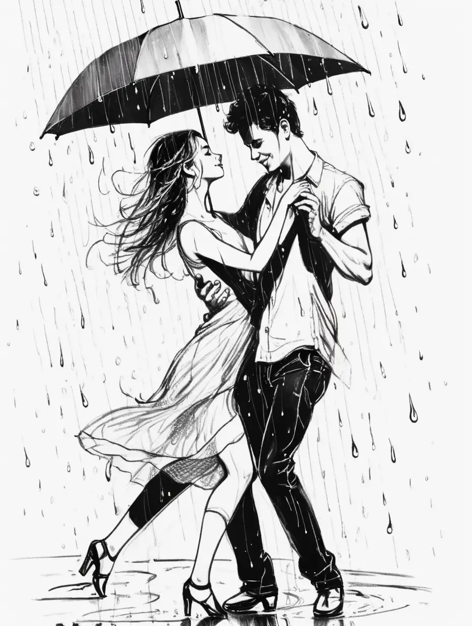 White background and sketches of a beautifull young couple dancing through rain. 

