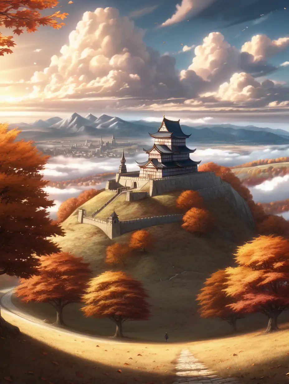 anime style, hill background, kingdom in distance, medieval temple grounds, clouds circling, dramatic lighting, wide shot, autumn aesthetic