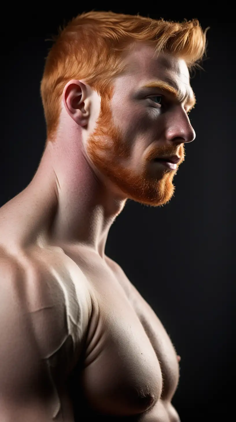 male ginger muscled body Prompt /imagine prompt : An ultra-realistic photograph of the complete subject captured with a canon 5d mark III camera, equipped with an 85mm lens at F 1.8 aperture setting, portraying a body from side, wearing white ring stein The background is empty white, highlighting the subject. The image, shot in high resolution and a 9:16 aspect ratio, captures the subject’s natural beauty and personality with stunning realism Soft spot light gracefully illuminates the subject’s body, casting a dreamlike glow. –ar 9:16 –v 5.2 –style raw