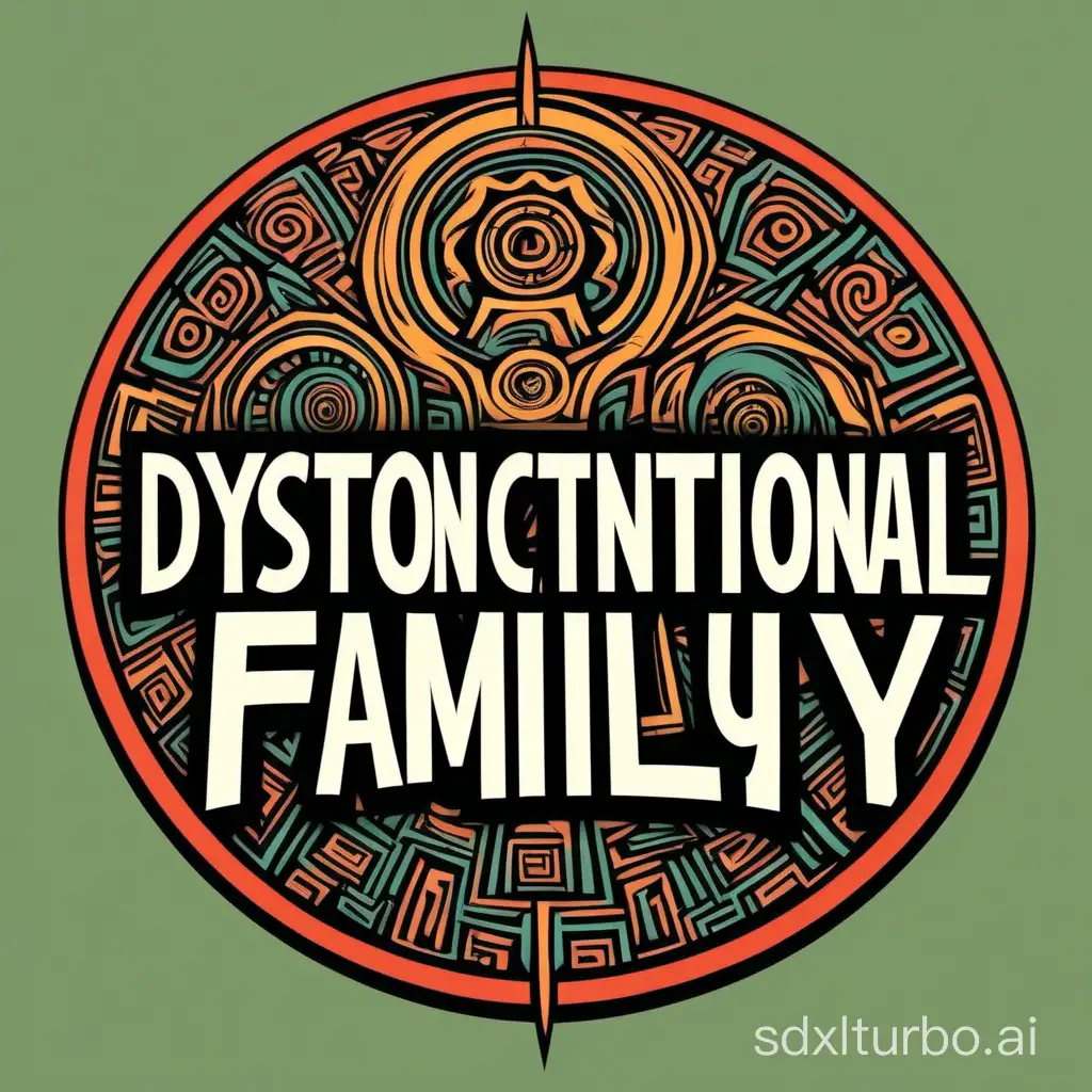Dysfunctional Family as a logo, abstract, ancient text, bold colors, in a round shield