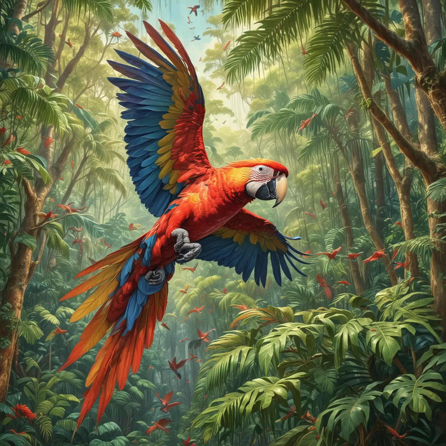 Vibrant Scarlet Macaw Soaring in South American Rainforest