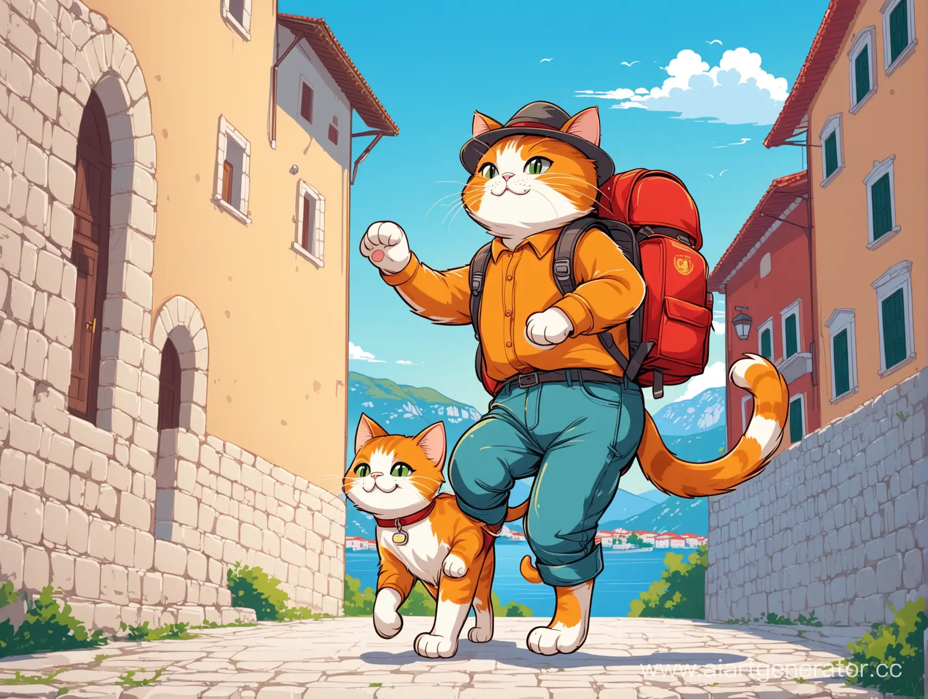Забавный кот в штанах, в шляпе и с рюкзаком, путешествует по Черногории, ходит на задних лапах, мультяшный стиль.