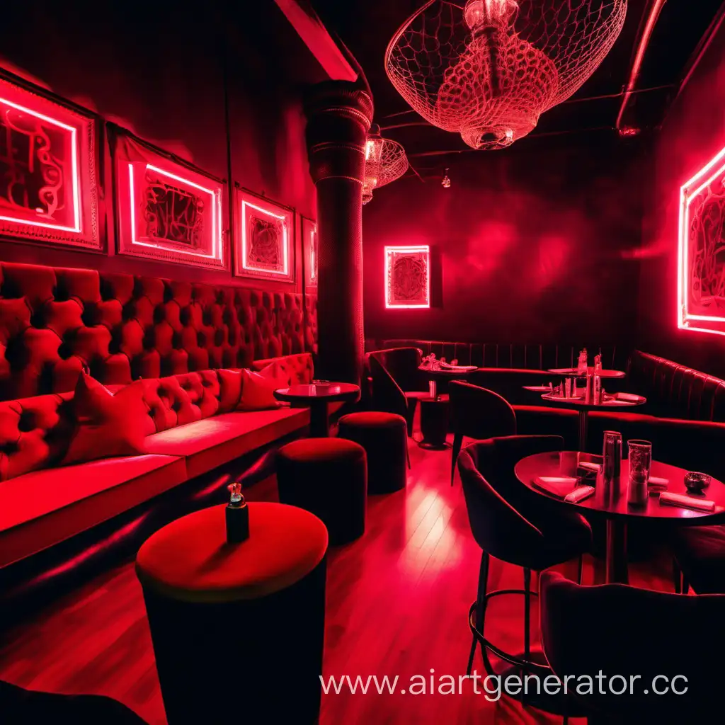 modern nightclub in red neon, black tables and velvet seats, hookah on the table