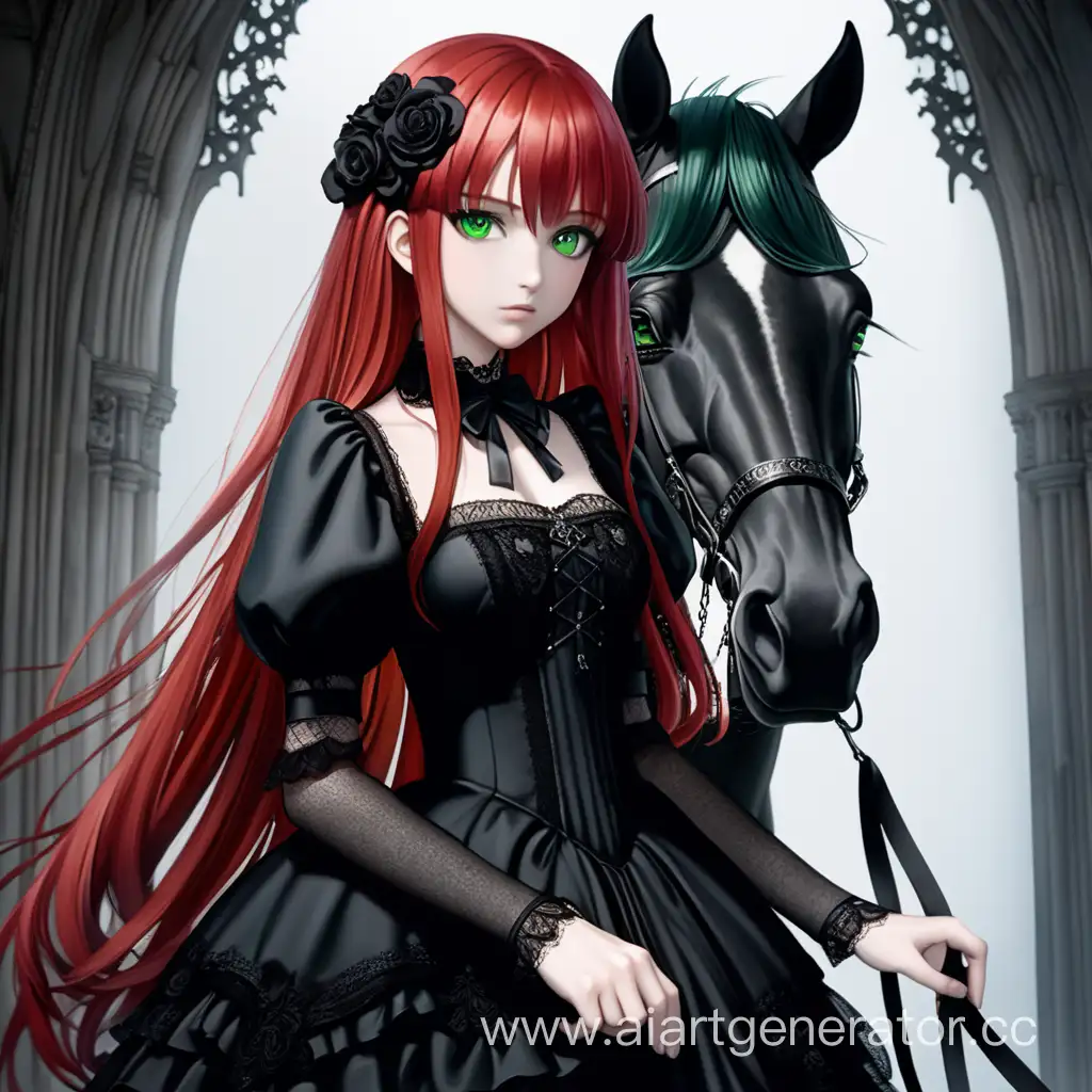Anime girl with red hair, green eyes, in a gothic dress, holding a black, tall horse.