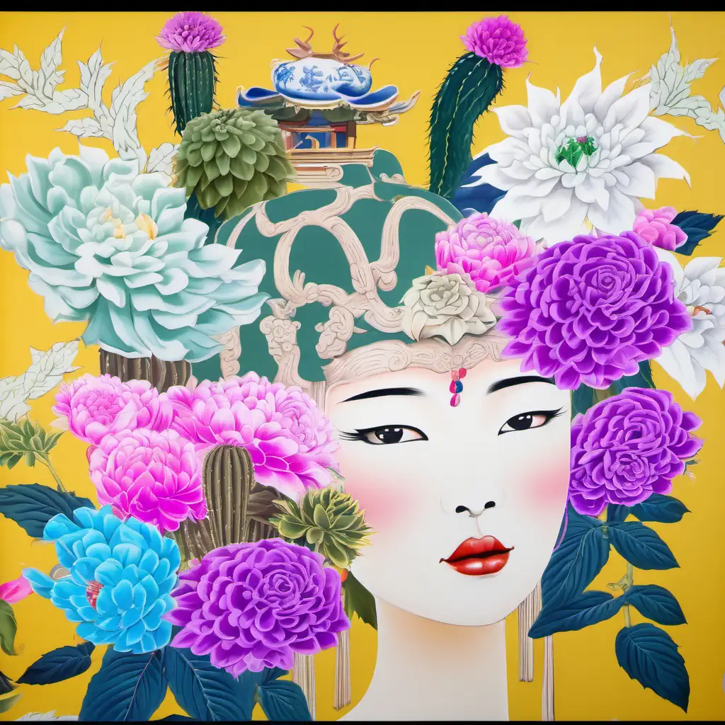 Vintage Asian Lady with Cactus Dahlias and Roses Pagoda Headdress on Yellow Chinoiserie Wallpaper