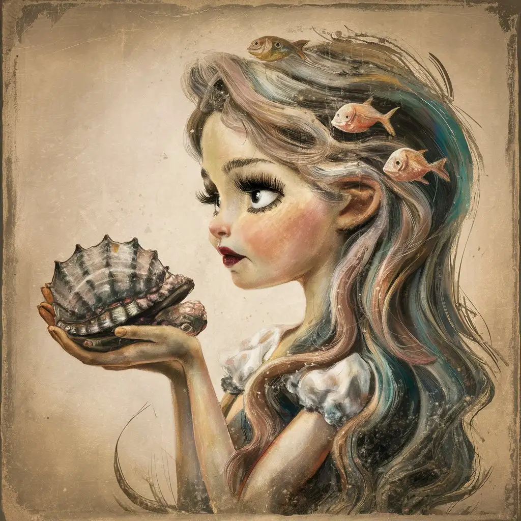 Whimsical Vintage Painting of Girl Holding Carapace