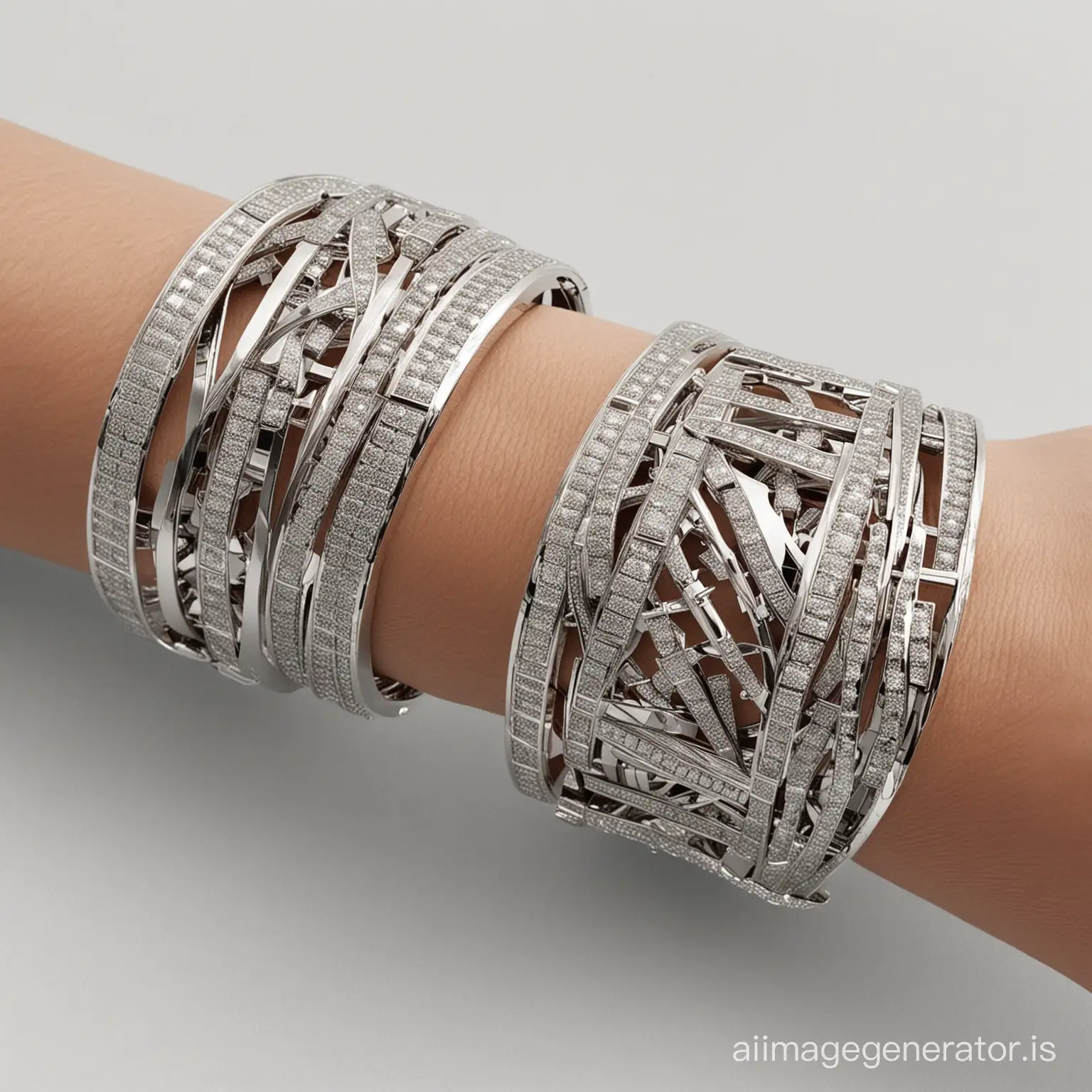 futuristic architectural bracelets of white gold with diamonds