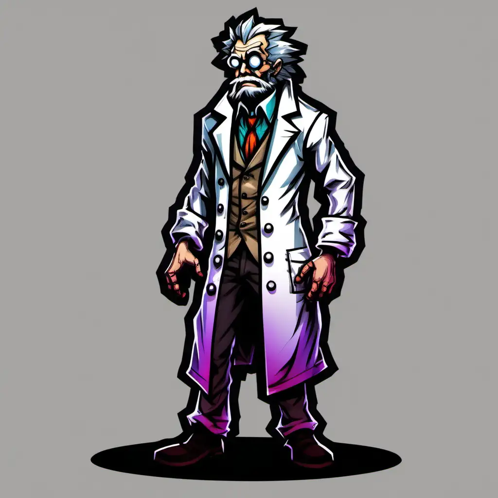 mad scientist; freestanding; colorfull 2d darkest dungeon style;  transparent background, --no background; --no text;  --no shadow;