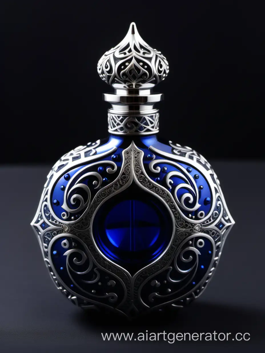 Incredibly detailed, elaborate, embellished potion bottle containing the elixir of life decorative ornamental Zamac Perfume cap, and bottle Dark blue, silver color with dark black square arabesque pattern shaped | metallizing finish