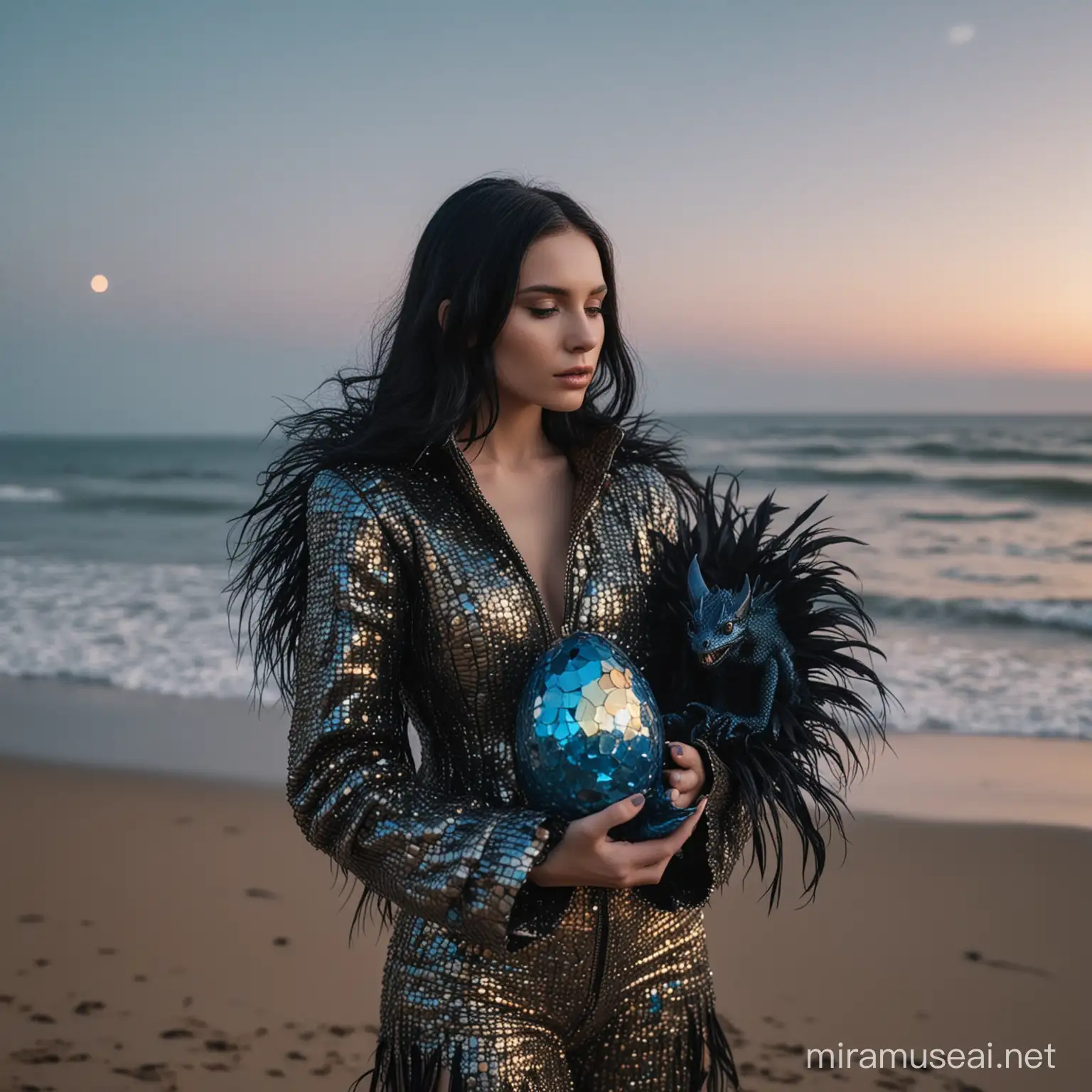 A white skinned woman model holding a metallic black blue colored tiny dragon inside a golden cracked eggshell, pearl iridescent, wearing metallic black shiny Schiapirelli inspired couture feather jacket, silver shiny crone, extreme long black hair, wes anderson color palette, night with huge moon beach background, 35mm photography