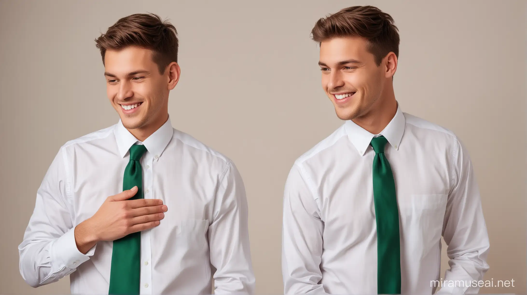 two young men wearing crisp white dress shirts and green ties, one stood behind the other giving a shoulder massage, smiling lovingly at each other