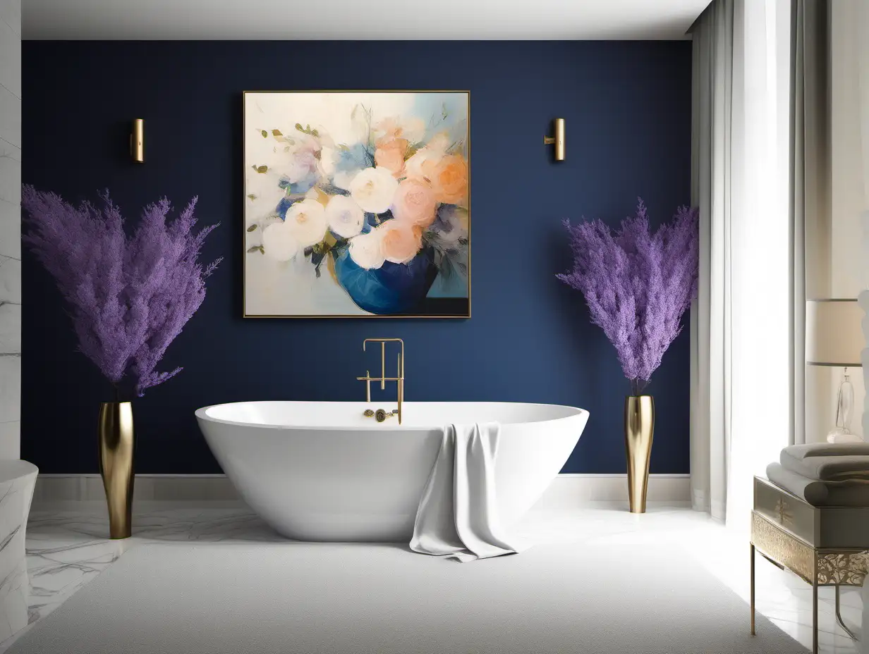 Place the "Tranquil Serenity - A" painting within a home environment, adjusting its scale while maintaining its proportions. This artwork, alive with azure, navy, and sky blue, touched by peach, lavender, and ivory, brings an abstract vision of a blooming garden. Frame it in gold to accentuate its timeless elegance. Set this canvas in a minimalist, well-lit living space that exemplifies a modern and simplistic ambiance, allowing the painting to infuse the area with its calm and creative spirit (home setting bathroom)