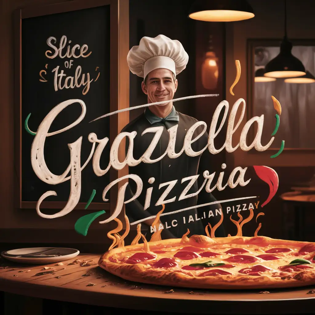 Handwriting Graziella Pizzeria logo mixed with Italian colors , Slogan Quote "Slice of Italy", Chef's Hat, Hot Margarita, Cozy atmosphere, Dim light, Unreal engine