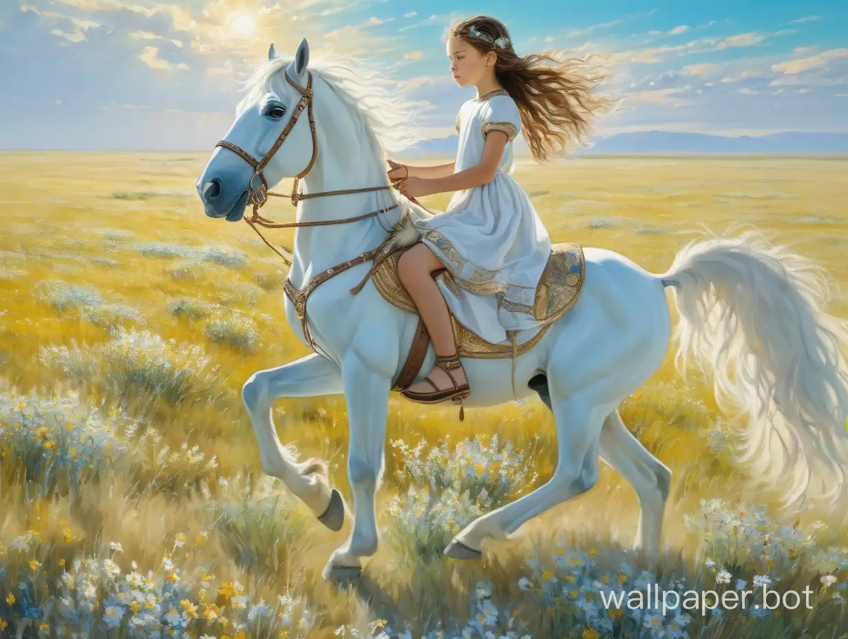 girl amazon 12 years old in a short dress in Scythian treasures rides on a white horse in a flowering steppe under the morning sky impressionism