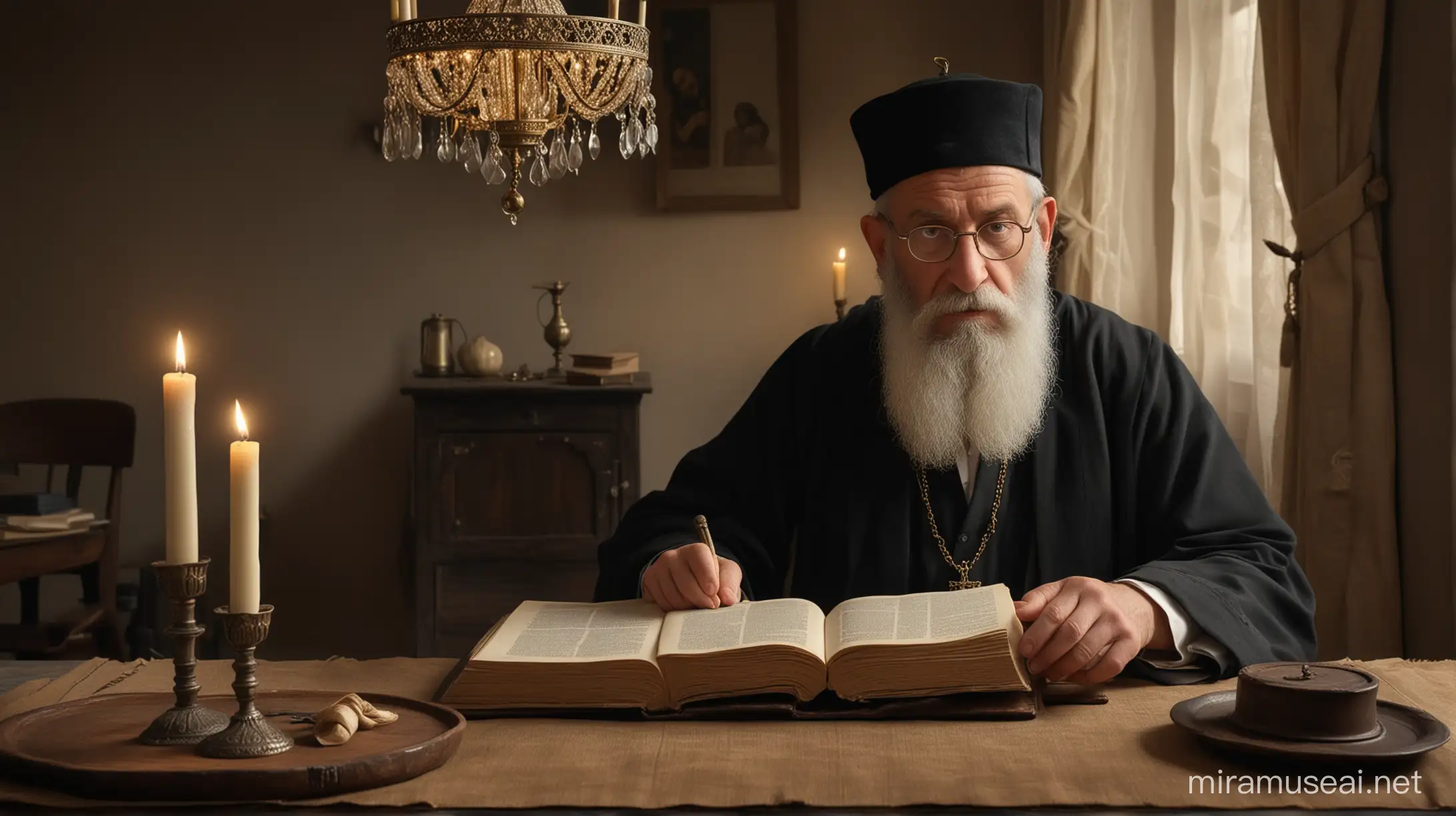 A Jewish rabbi, the Jewish rabbi is an older man without glasses, 12th century, the Jewish rabbi dresses in traditional rabbi clothing and wears a kippah without glasses, Germany, the rabbi is sitting at the table studying a book, a room illuminated with a Jewish chandelier in a dwelling traditional jewish, frontal, hyper-realistic, photo realism, cinematography