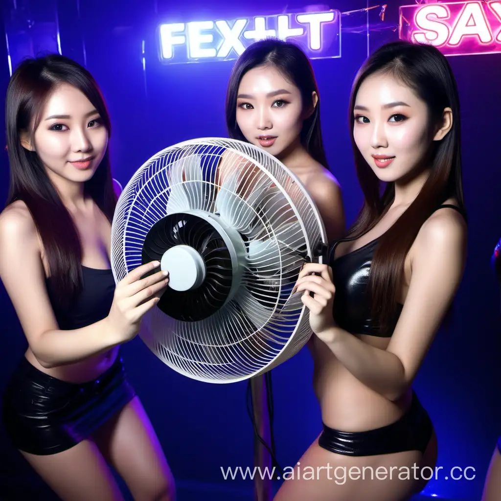  A big electric fan  is in the night club party with 4 hot sexy asian girls