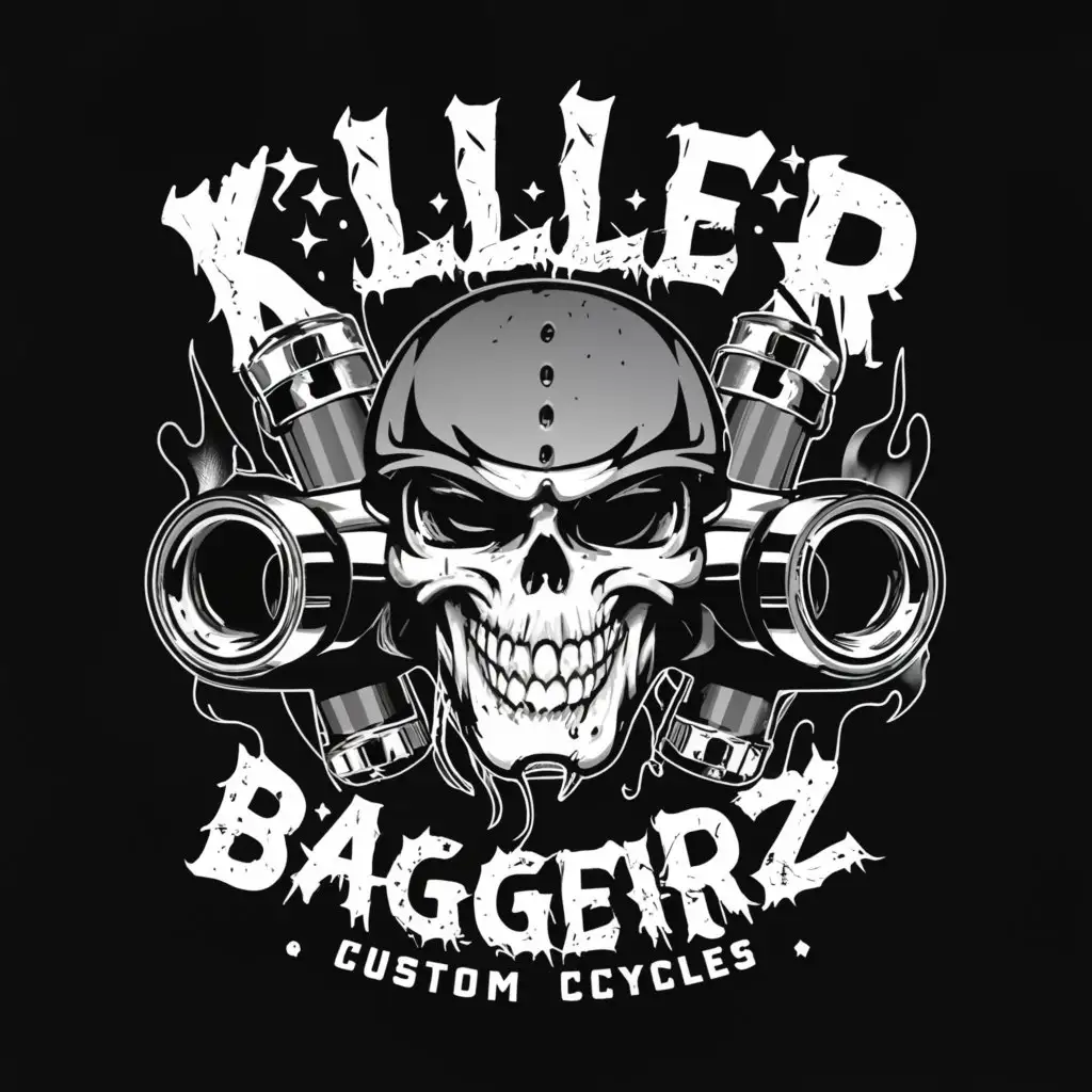 a logo design,with the text "killer baggerz custom cycles", main symbol:skulls motorcycles pistons,Moderate,be used in Automotive industry,clear background