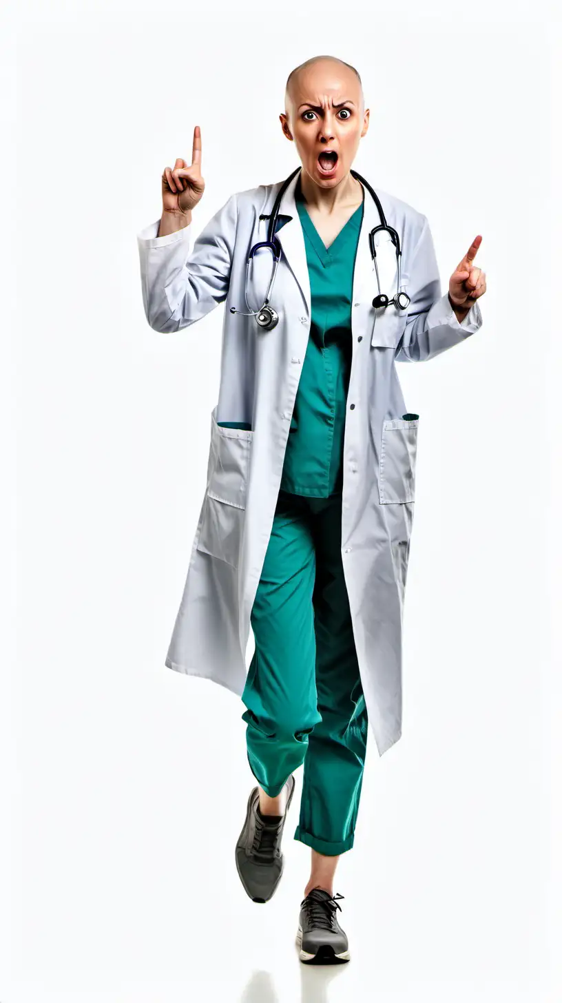 full-length portrait photo of 25 year old, slim female doctor, white background, with a bald head, pointing at the camera in shock, running forward in an emergency.
