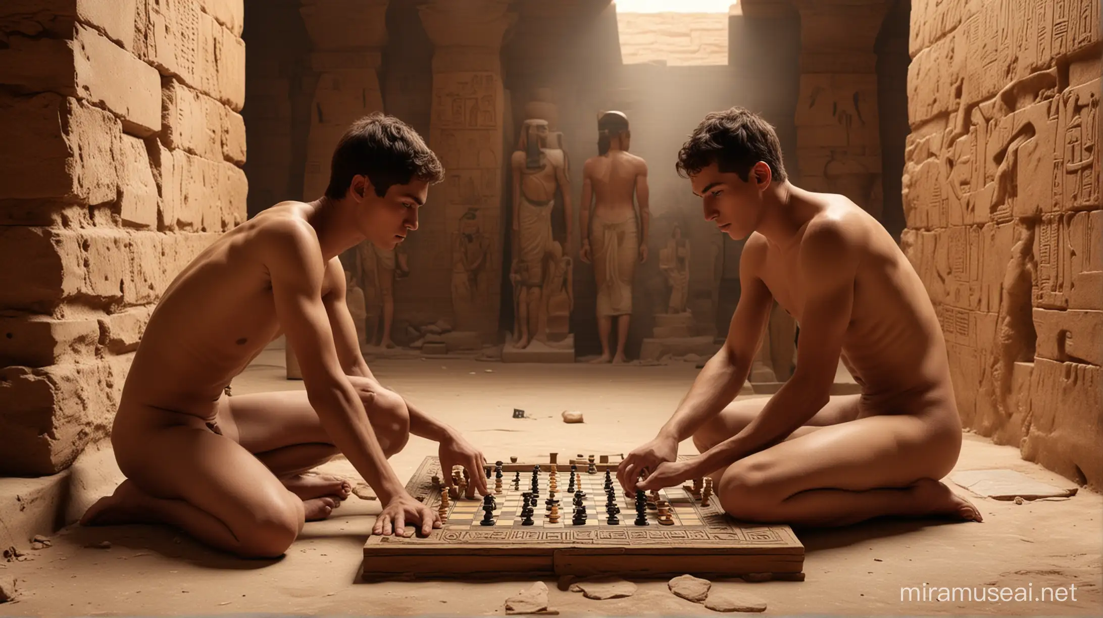 a realistic image os two nude young men, playing checkers inside of an ancient Egyptian tomb