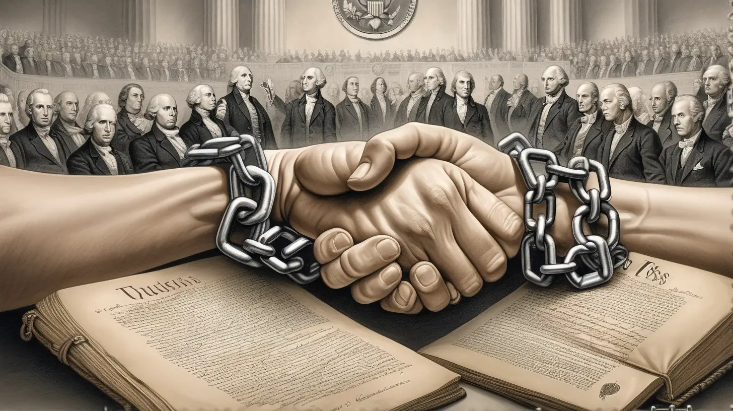 Illustrate a portrayal featuring the US Constitution and Bill of Rights as a set of chains binding the hands of government from certain actions, juxtaposed with scenes portraying the void left by the absence of explicit mandates for the government to actively foster democracy.
