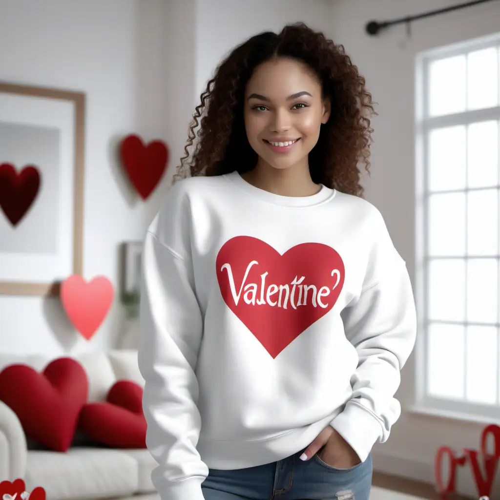  a photorealistic photo mockup of a gently smiling female model wearing a BLANK WHITE
over-sized Gildan 18000 sweatshirt with a tight collar, in front of an indoor white themed
VALENTINE THEME style home living Room scene.  professional photography composition, f9.0. --ar 5:4 -
-s 750 --style raw -