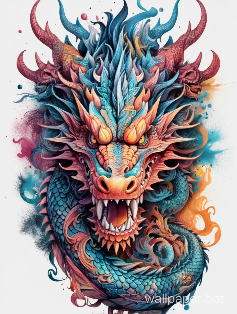 Bohemian illustration front head of dragon, chaotic high contrast drip ink, chaos color, chaotic papercut, ornate detailed illustration, octane render, sticker style
