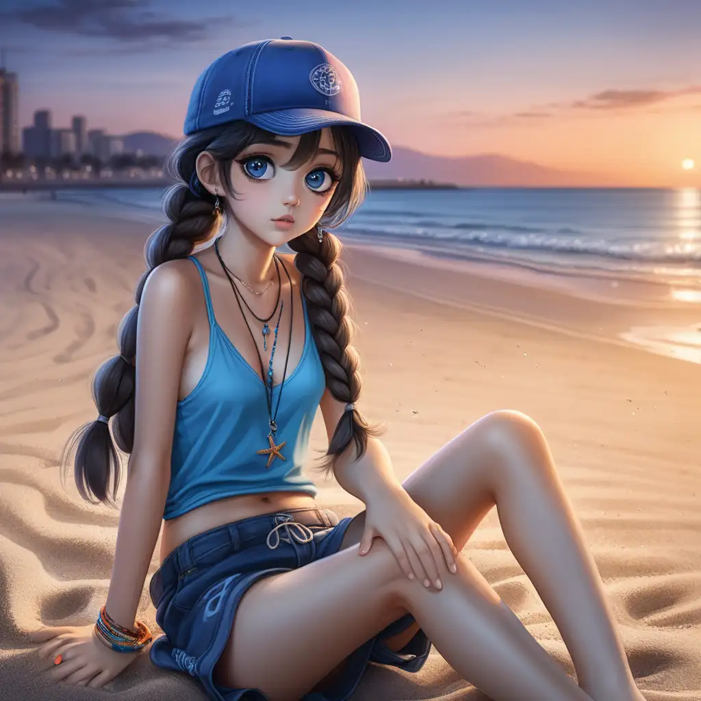 create a girl sitting on the sand in the beach when sunset. she wore blue camisole with necklace on her neck and a cap. She has big eyes, fair skin, and dark long hair braided. Atmosphere on the beach is quiet and not so many people