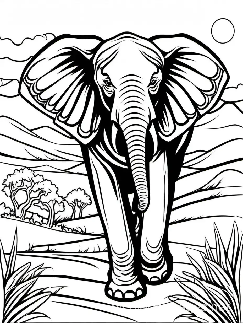 African-Elephant-Coloring-Page-Simplified-Savanna-Scene-for-Easy-Coloring