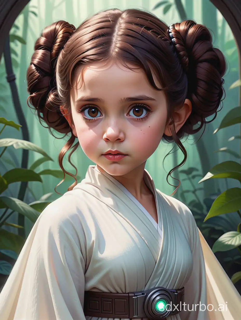 tim burton style,  toddler princess leia with brown eyes, beautiful highly detailed art, beautiful complex background, digital painting, highly detailed, Concept art, characterdesign,