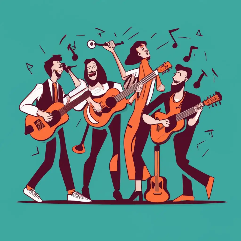 logo, Four busking musicians, one on an acoustic guitar, one on electric guitar, one on cajon and one on bass, all singing, with the text "The Busketeers", typography, be used in Entertainment industry
