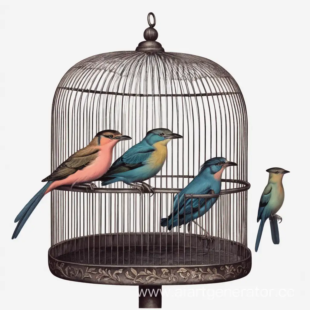 Three-Colorful-Birds-Perched-in-a-Decorative-Cage