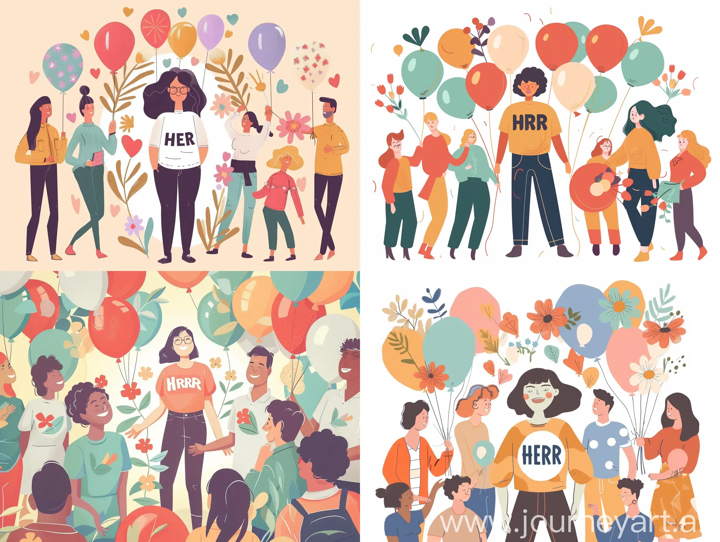 Create a picture, where in the center there is a person with a shirt on that says HERA. Around the person there are collegues and friends who are celebrating the person with balloons and flowers. The mood is cheerful and happy.