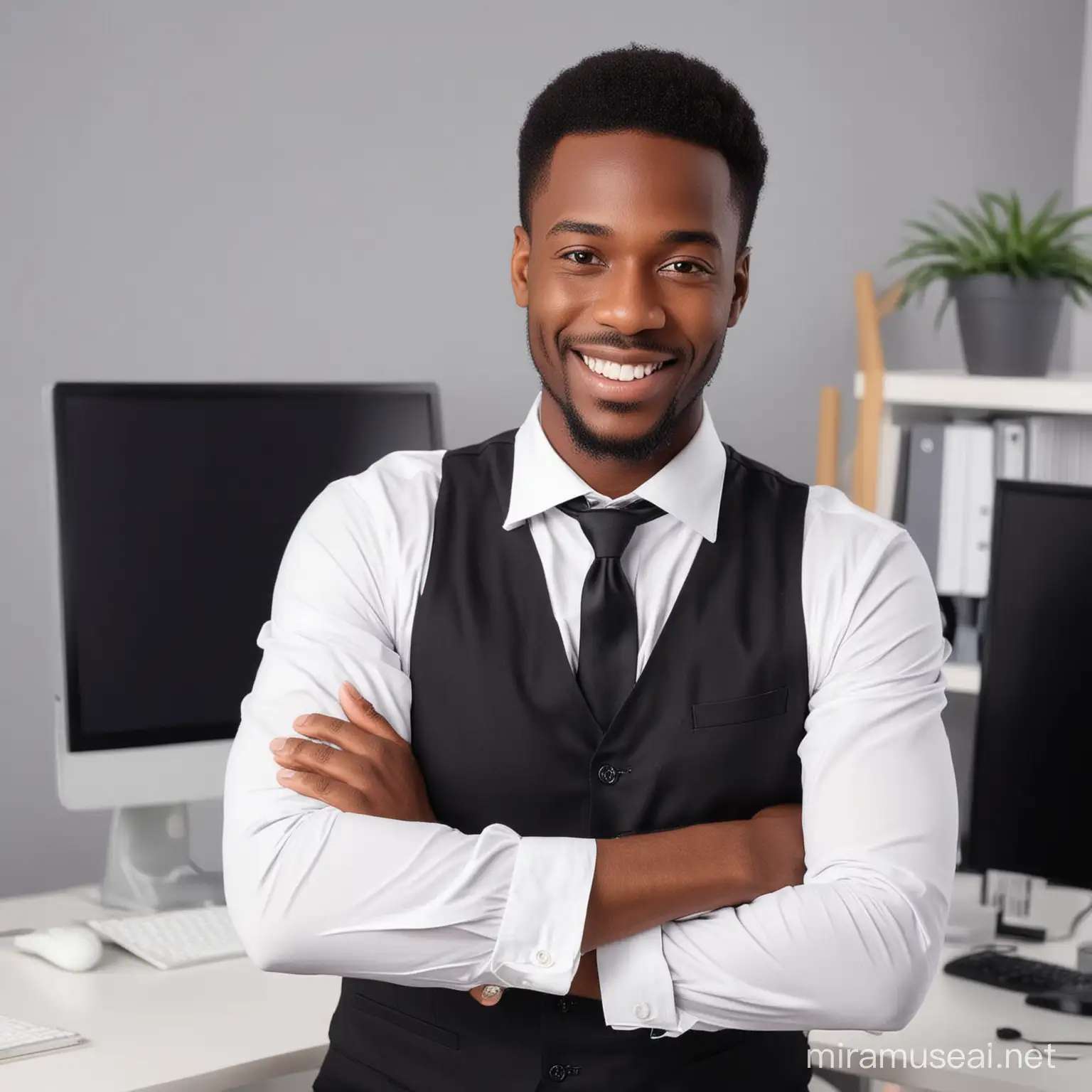 i need a black professional man. office dressed,digital creator., posing with smile, content and having or releasing a positive atmosphere.