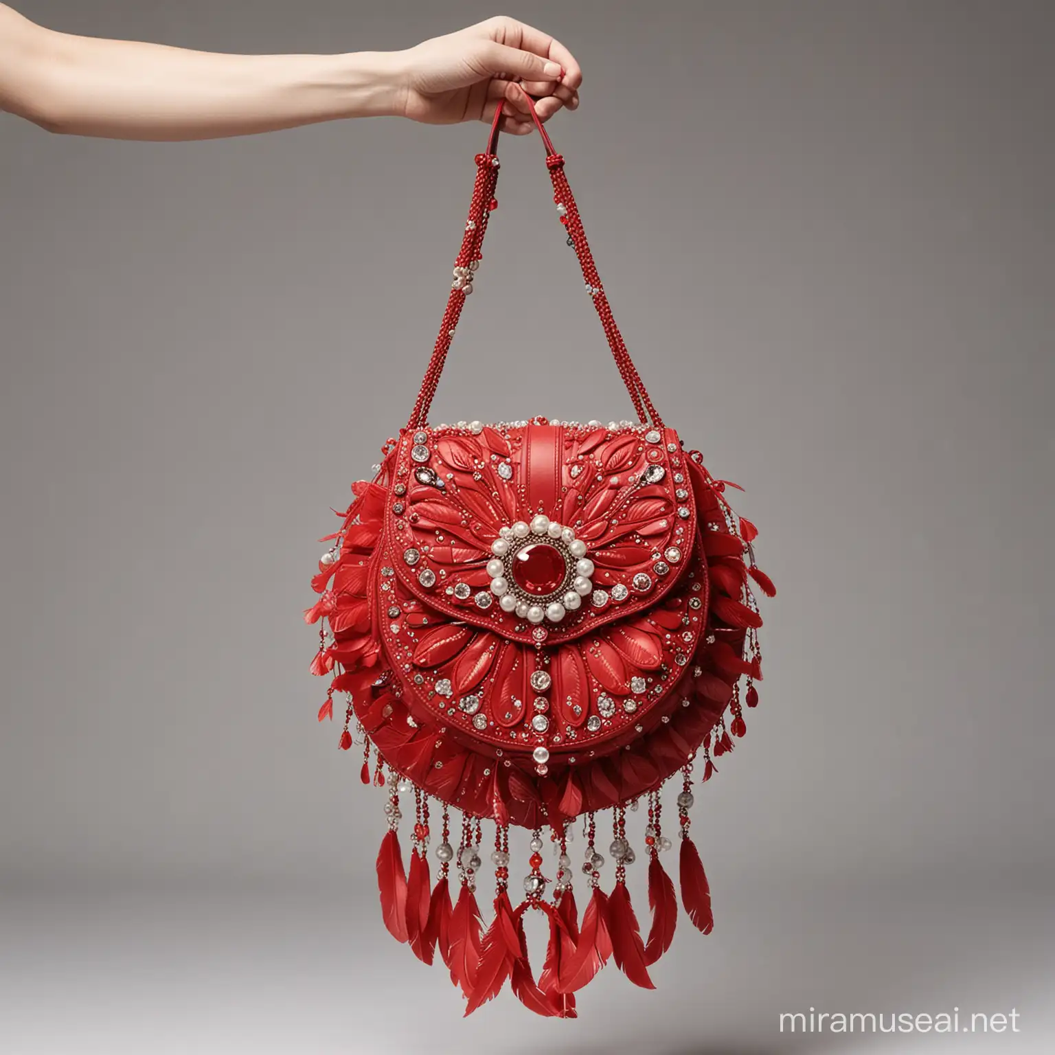Luxurious Red Diamond and Phoenix Feather Handbag Fashion Accessory