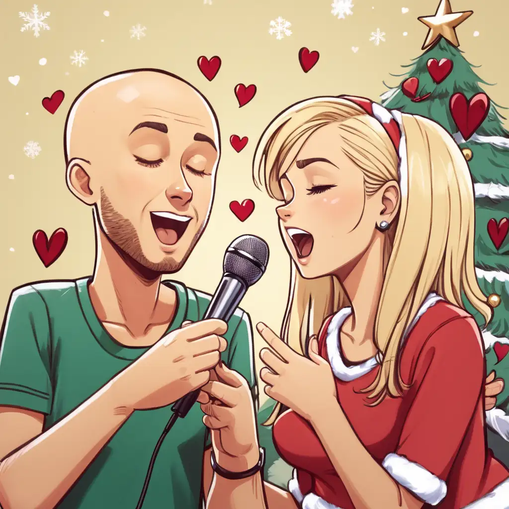 30 year old guy with no hair and a little beard. He sings Christmas songs to his blonde female friend. There should be a lot of hearts and Christmas threes in the picture 