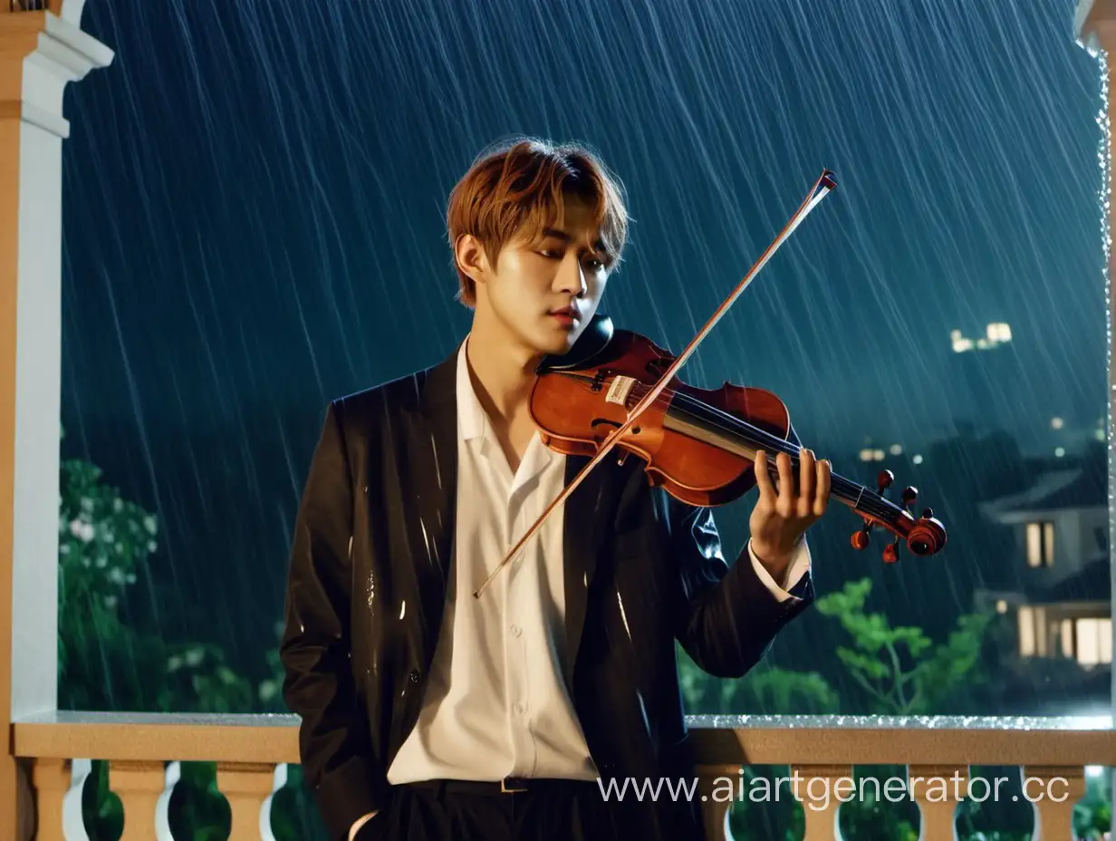 Kim Taehyung with brown hair stands on the balcony of a huge house and plays the violin, it’s raining outside, night, with a garden with a fountain in the background