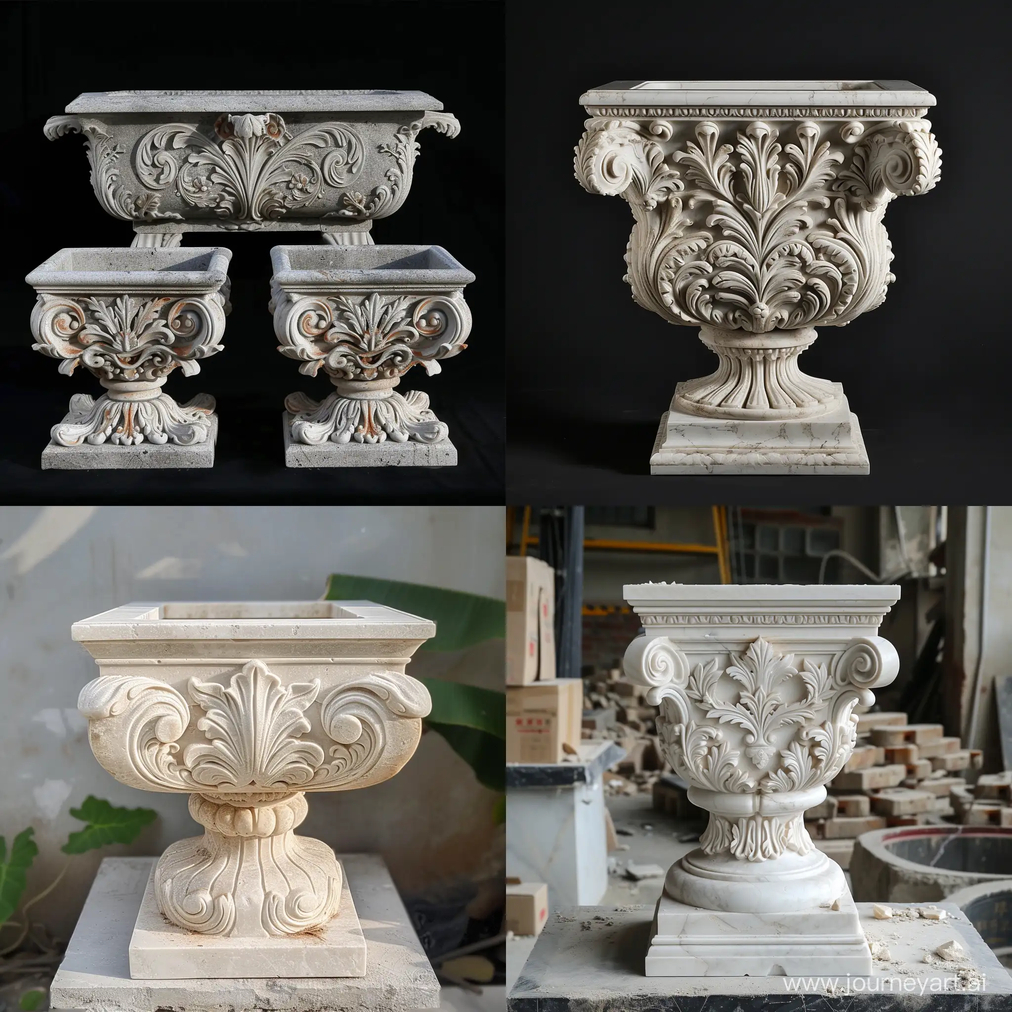 Luxurious-Marble-Rococo-Villa-with-Ornate-Front-Square-and-Round-Pots